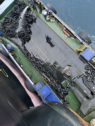 Anchor chain replacement operation on merchant vessel