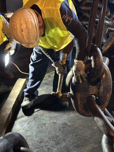 Anchor chain replacement operation on merchant vessel