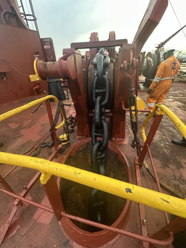 Anchor chain replacement operation on merchant vessel