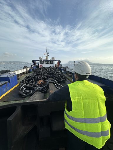 Anchor chain replacement operation on merchant vessel