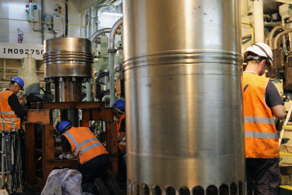 Marine engine component replacement during on-board overhaul